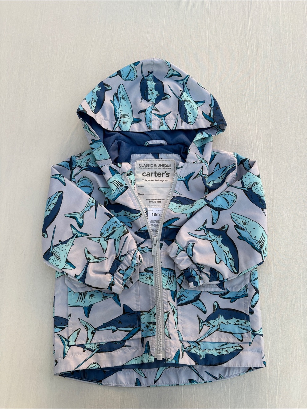 Carter's Boys Little Favorite Hooded Rain Jacket 18M Gray Blue Shark Print